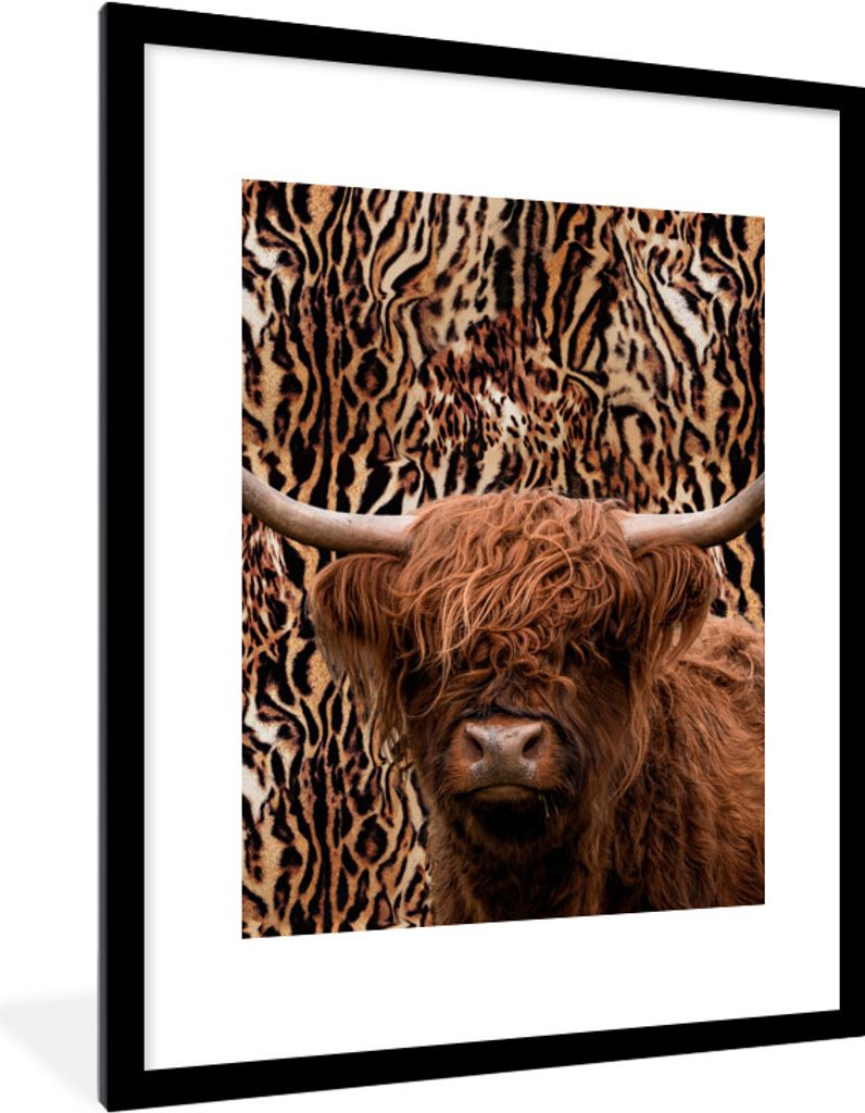 MuchoWow Gerahmtes Poster Schottischer Highlander - Pantherdruck - Kuh 60x80 cm - Poster mit Schwarzem Bilderrahmen Wandposter Rahmen Foto Bilder...