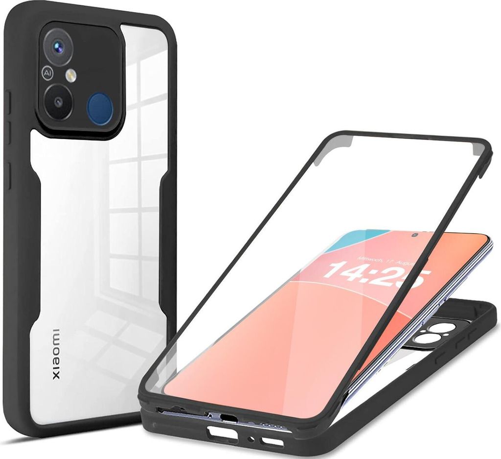 360 Grad Handyhülle für Xiaomi Redmi 12C Full Cover Rundum Schutz Farbe: Schwarz