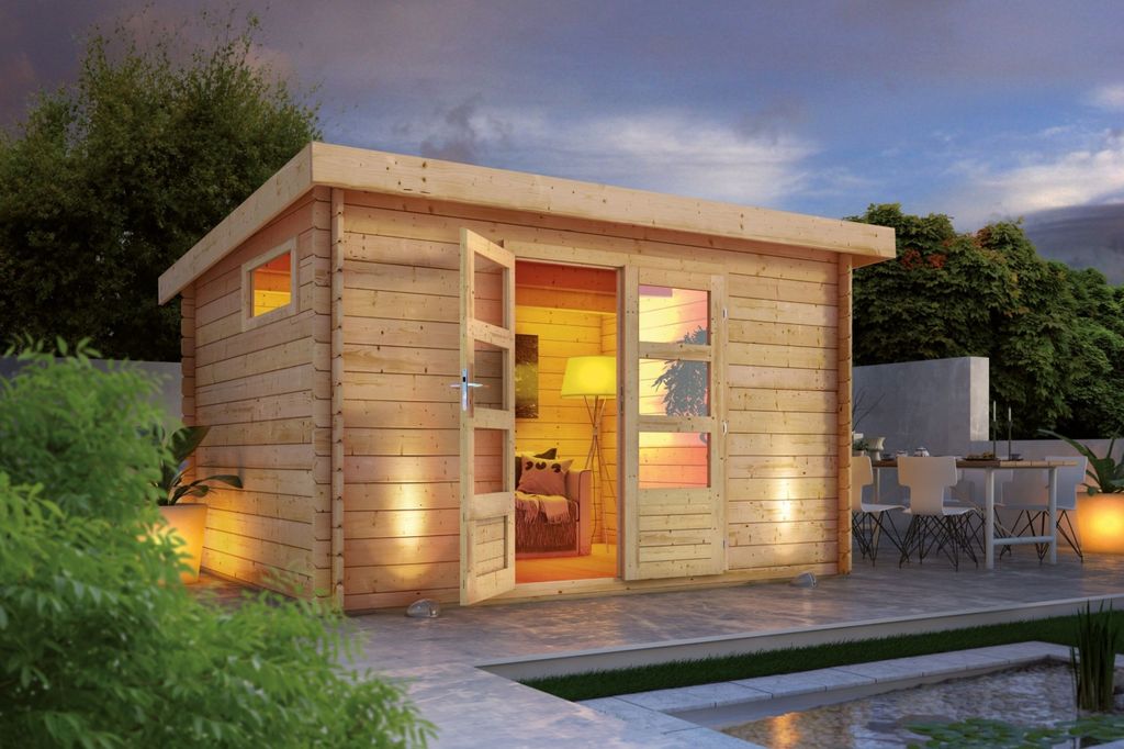 Karibu Gartenhaus Blockbohlenhaus Benstrup 7 im Sparset 28mm Wandstärke 357 x 297 cm Inklusive Dachfolie und extra Fenster Farbe: Naturbelassen