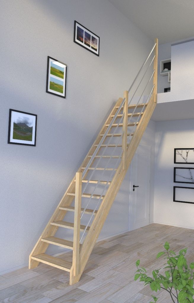 Holztreppe Korfu gerade-Holz-Edelstahl Geländer-rechts-ohne Setzstufen