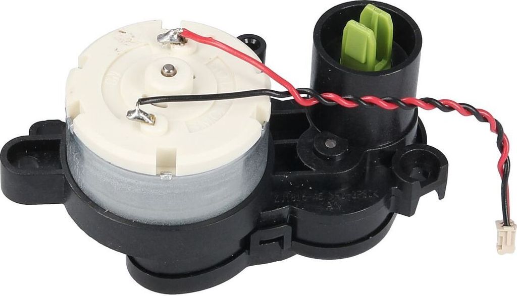 A close-up view of a robot vacuum cleaner's side brush drive assembly.