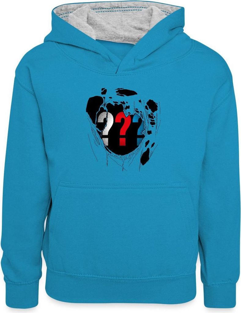 Spreadshirt Die Drei Fragezeichen Brust Destroyed Look Kinder Kontrast-Hoodie, XS (3/4 years), Pfauenblau/Grau meliert