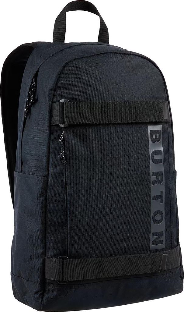 A black backpack is shown against a white background.