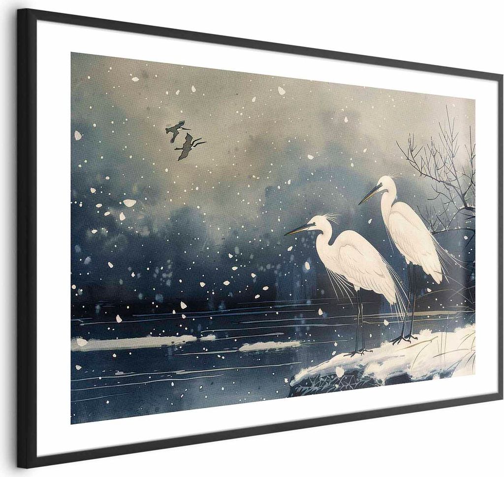 Posterpapier Poster - Herons over a Winter Pond - illustration in the Japanese style in dark colors 90x60 cm Tiere g-C-10168-ao-a