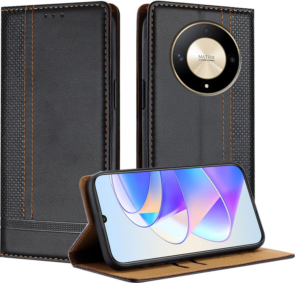 Handyhülle für Honor X9b/Magic6 Lite Leder Flip Klappbare Schutzhülle mit Standfunktion Schwarz
