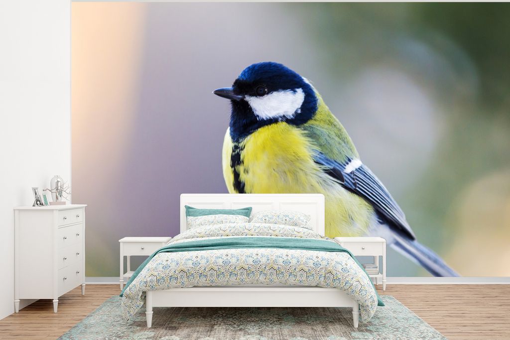 MuchoWow Fototapete für Wohnzimmer oder Schlafzimmer Wandtapete Vinyl Motivtapete Kohlmeise - Vogel - Zweig - 350x260 cm - Wohnzimmer-Tapete