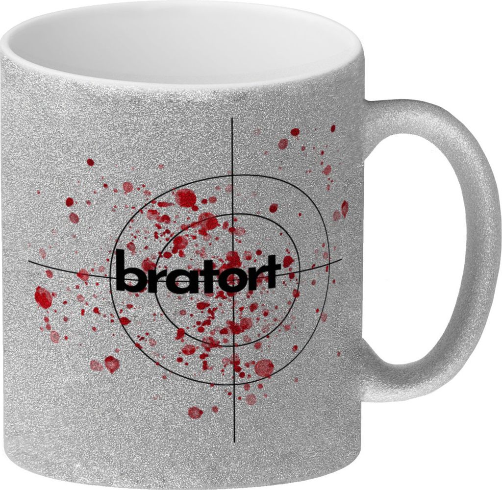 Bratort Glitzer-Kaffeebecher mit Blutspritzern und Fadenkreuz
