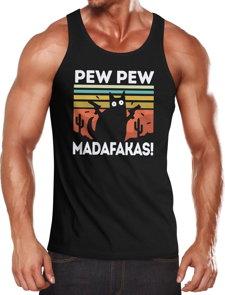 Herren Tanktop Pew Pew Madafakas! schwarze Katze Spruch Meme lustig Muscle Shirt Achselshirt Moonworks schwarz XL