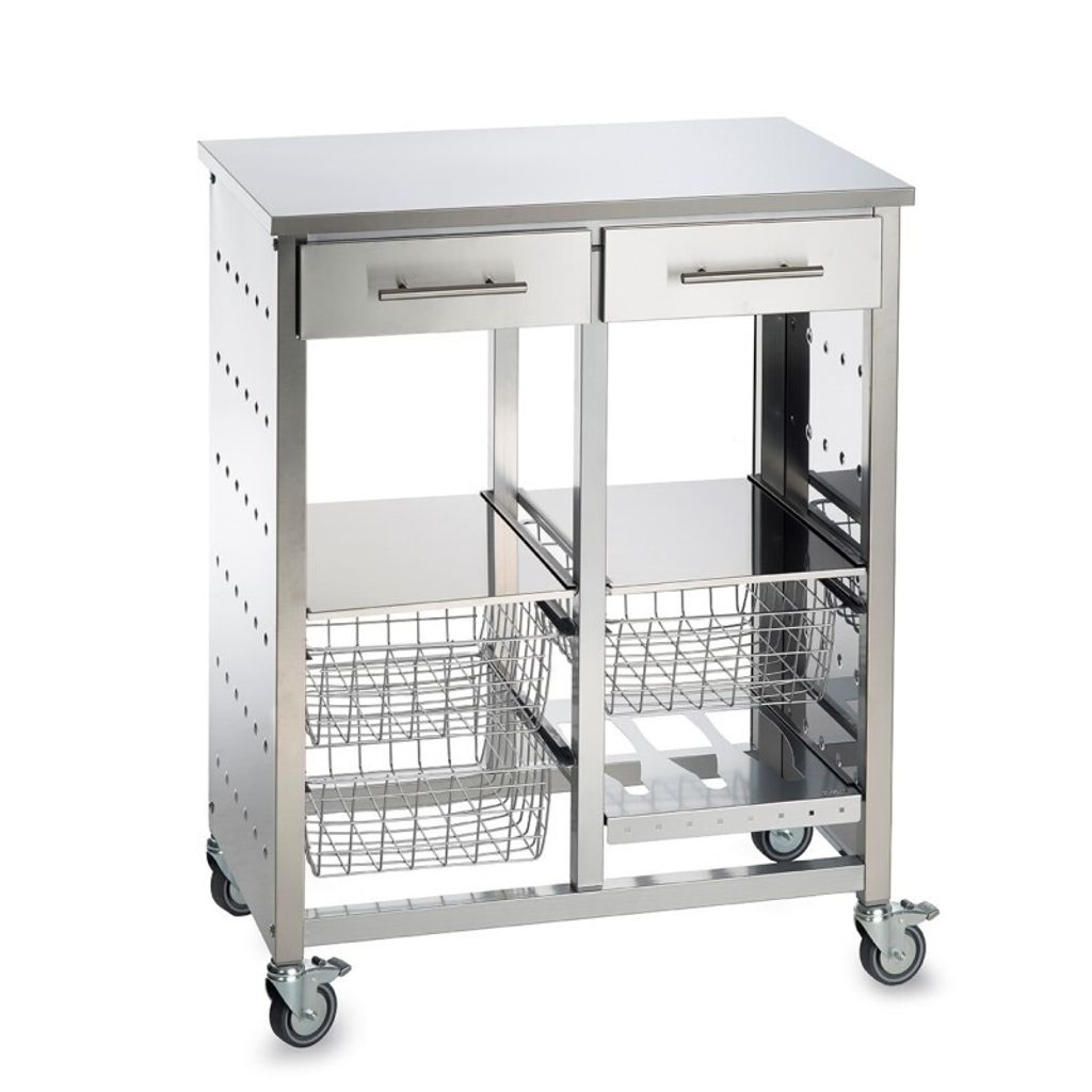 A stainless steel kitchen cart with drawers and wire baskets.