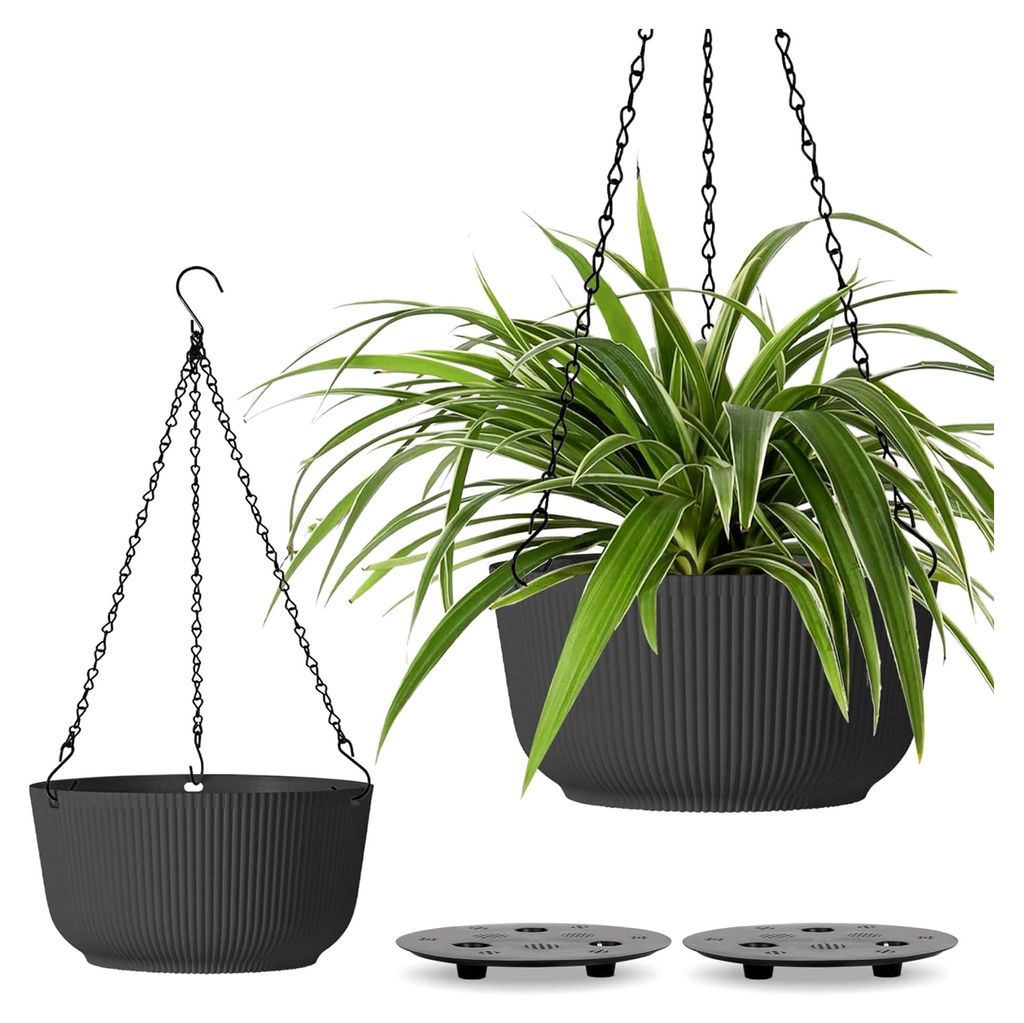 Hängender Blumentopf aus Kunststoff 2er Set, Hängetöpfe für Pflanzen mit Ketten, Blumenampel für Außen mit Wasserspeicher für Garten, Balkon...