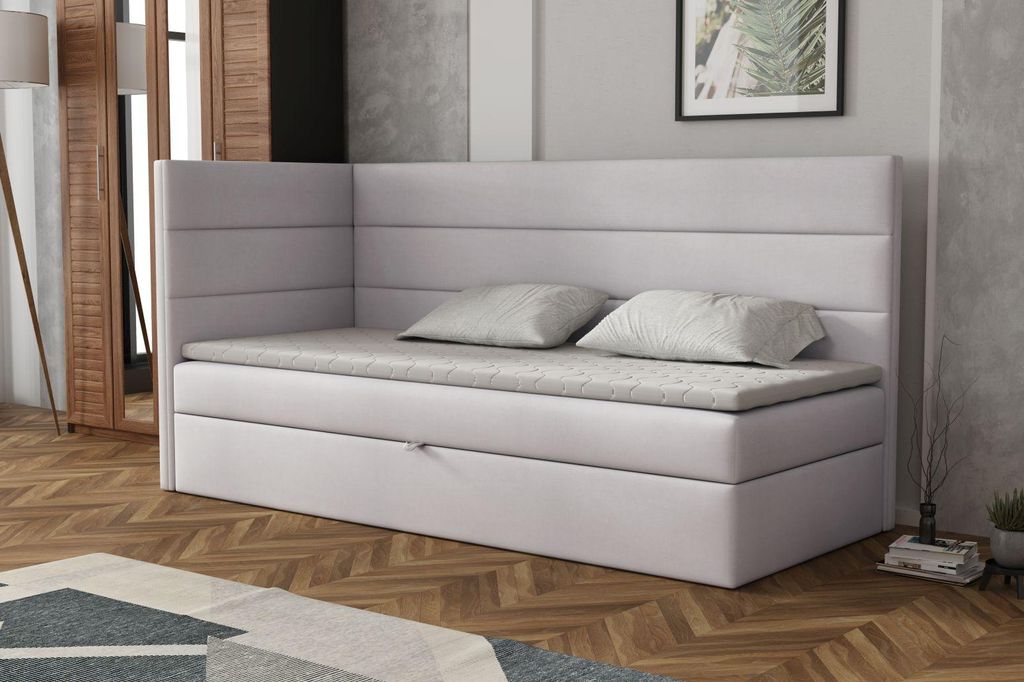 MR GROUP Boxspringbett LUGO 90x200cm links hellgrau Einzelbett Bett Stauraum Kinderbett Jugendbett Samtstoff, Polsterbett mit Matratze und Topper H3