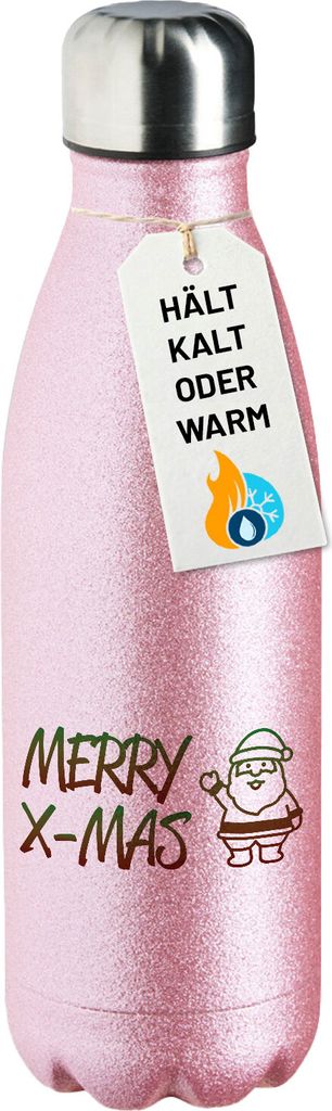 Huuraa Trinkflasche Merry X-Mas Weihnachtsmann 500ml Pink Edelstahl Wasserflasche Trinkflasche Geschenkidee