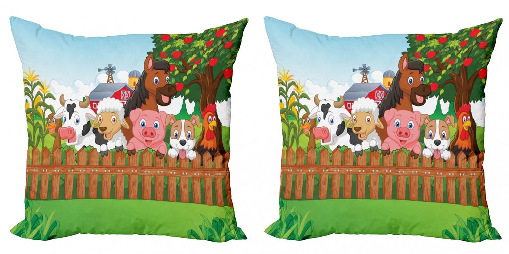 ABAKUHAUS Karikatur Kissenbezug Set (2Stück), Sammlung Cute Farm Animals Auf Comic Maskottchen Mit Hund Kuh Pferd Kinder Design, 60x60cm, Mehrfarbig