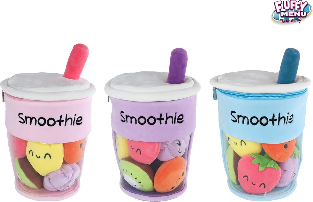 Pluche smoothie knuffelbeker met fruit, 26 cm - Fluffy Menu Productafbeelding 