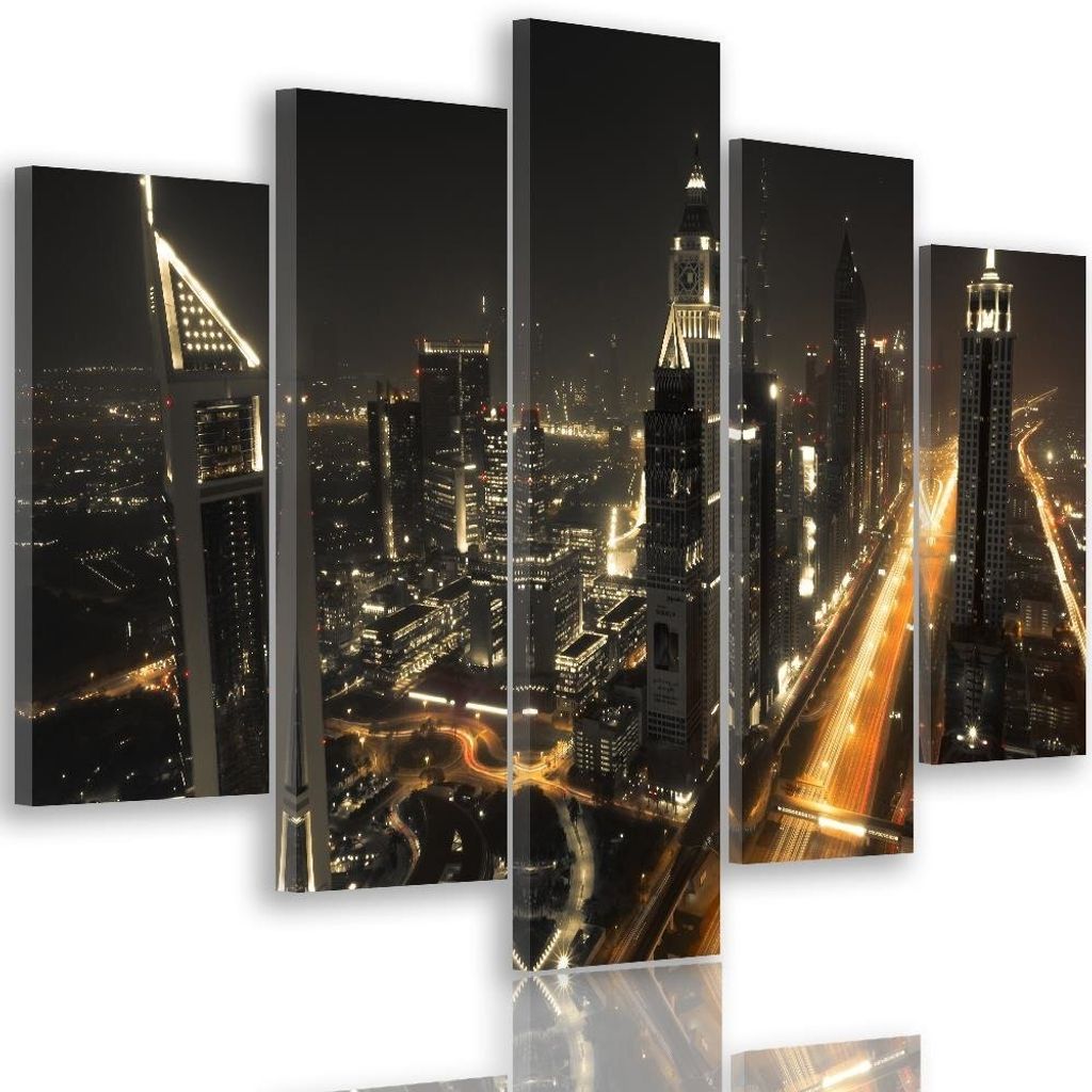 5-teiliges leinwandbild panorama von dubai bei nacht 150x100 cm Feeby orange wandbild bereit zum aufhängen