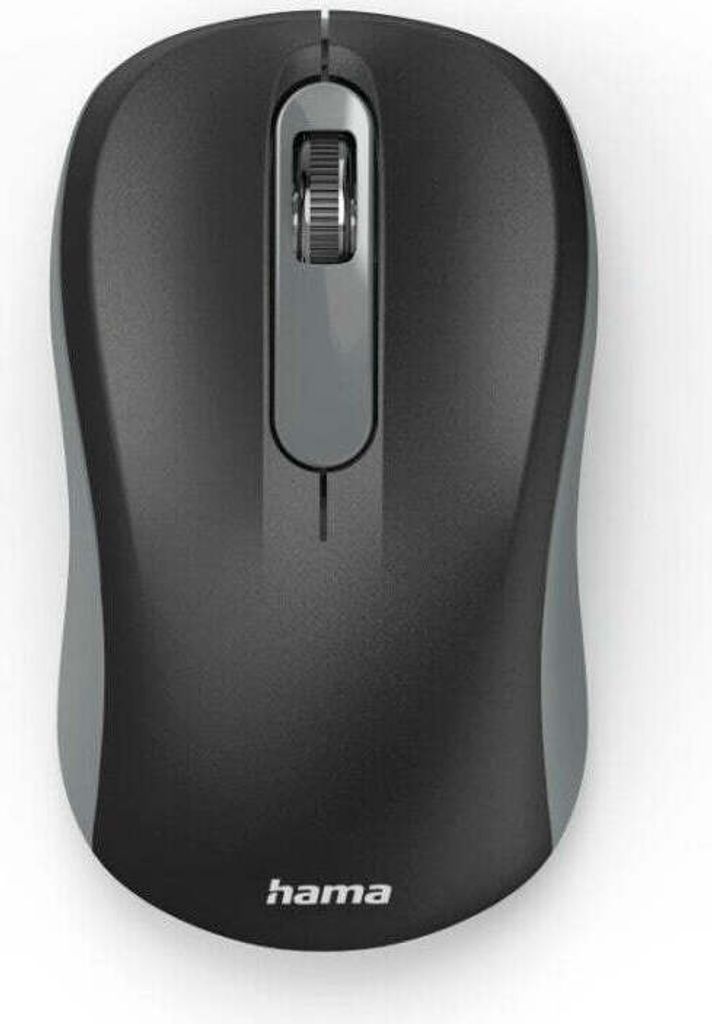 A top-down view of a black and gray wireless computer mouse against a white background.