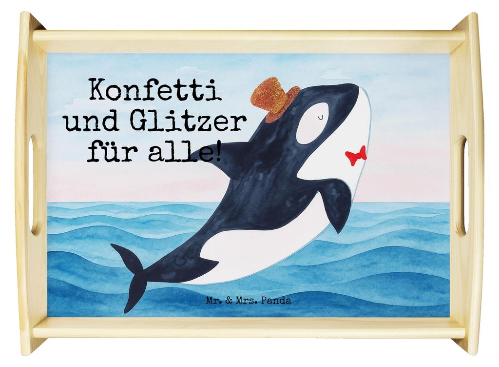 Mr. & Mrs. Panda Dekotablett Orca Zylinder Design - Weiß - Geschenk, tablett aus holz, Deko, Sofa, Glitzer, Geburtstag, Konfetti, teetablett, Glü...