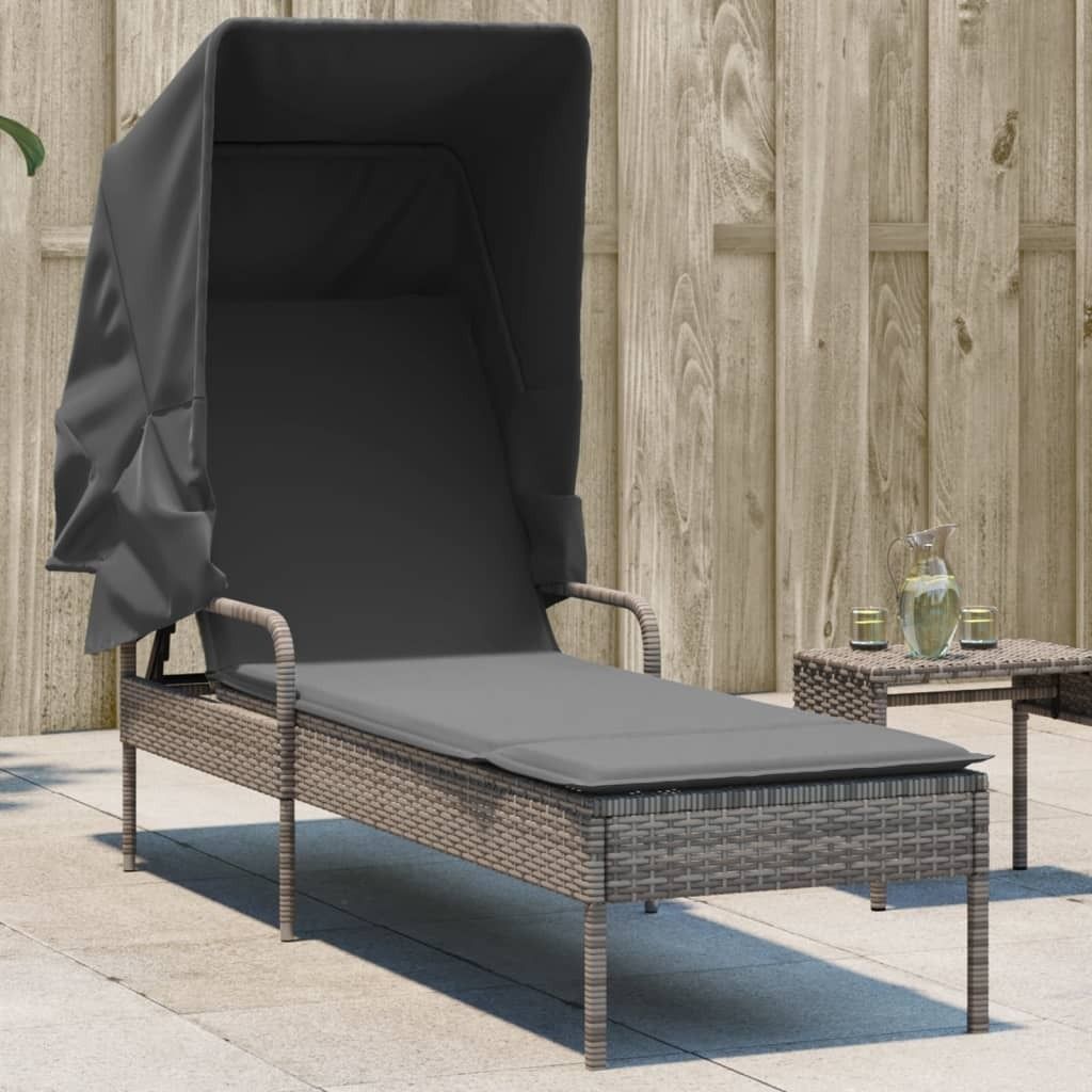 Design Sonnenliege mit Dach Grau Poly Rattan, Gartenliegen 2024 Neu