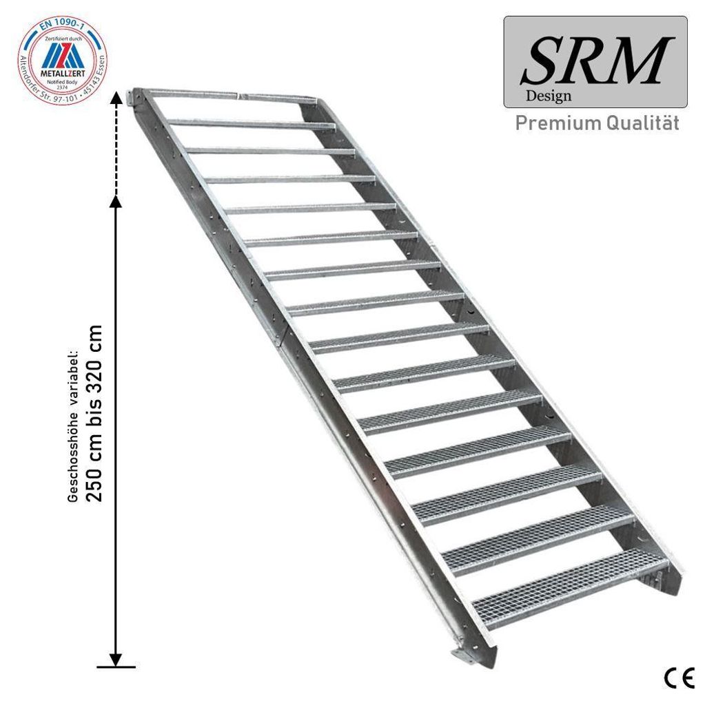 15 Stufen Stahltreppe STATIK 100 cm Stufenbreite, Geschosshöhe 250 - 320 cm, ohne Geländer
