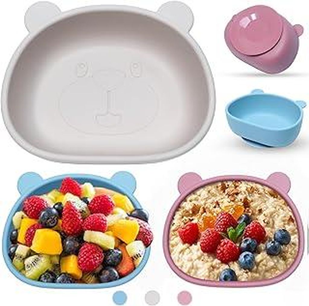 3 Stück Silikon Baby Schüssel mit Saugnapf, Baby Breischale Rutschfest Breischale, Auslaufsicher Silikon Kinderschüssel Babygeschir, BPA-frei, F...