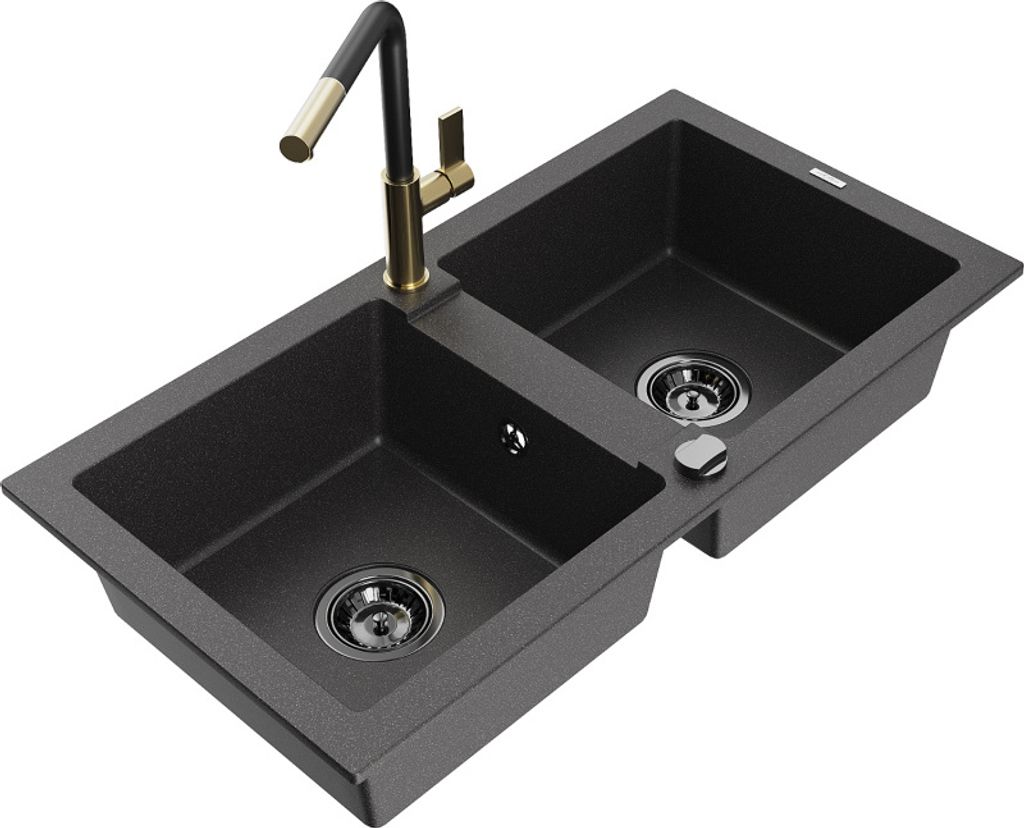 Mexen Mario 2-Becken-Granitspüle mit Mischbatterie Flora, Schwarz gesprenkelt - 6504-76-670401-57-B