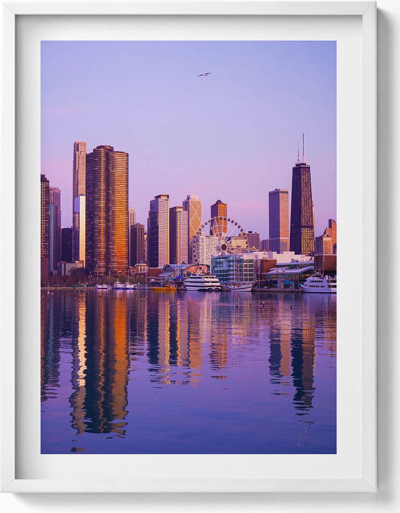 Blick auf US-Wolkenkratzer– Wandbild mit Rahmen – Gerahmtes Bild – Wanddekoration – 60x80 cm – Weiß Rahmen