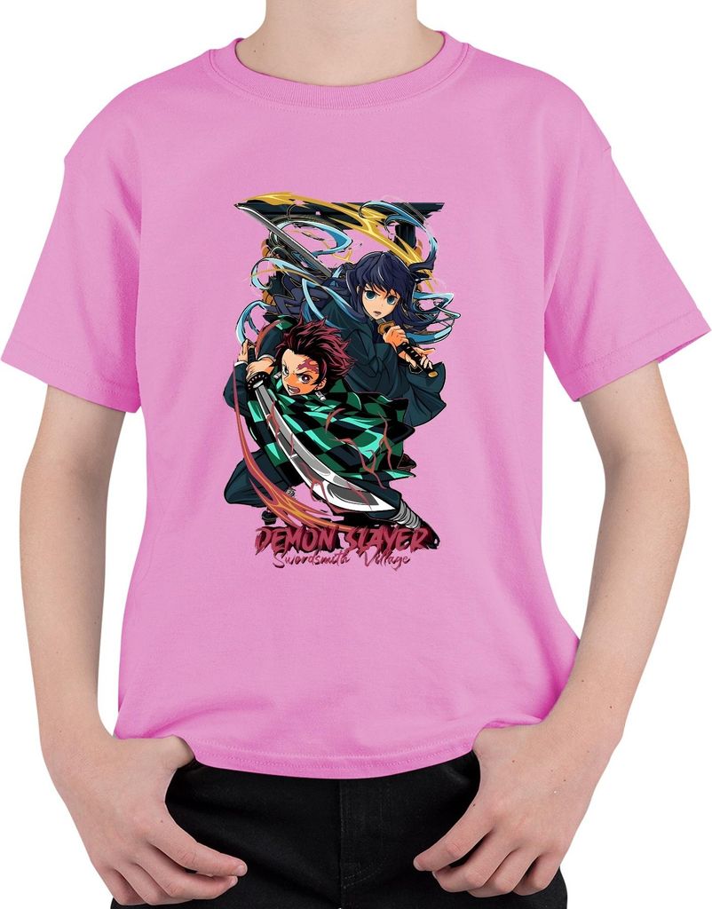 Demon Slayer Swordsmith Village Tanjiro Schwert Anime Geschenk Uni Kinder T-Shirt, Pink, 152