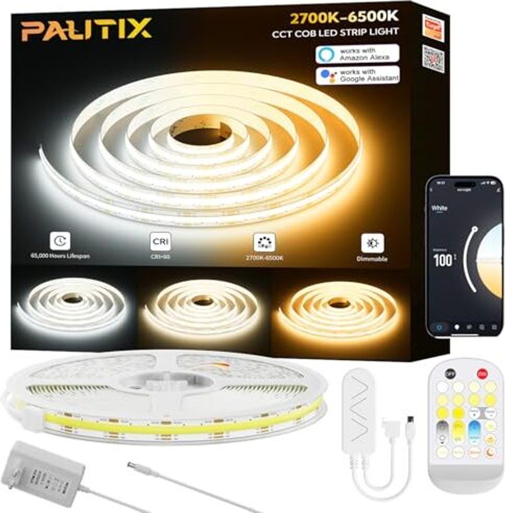 Pautix WiFi Cob LED -Streifen CCT 10 m, 2700 K - 6500 Einstellbarer weißer Streifen, 24 V Smart Works Alexa/Google Assistant Netzteile Küchenschr...