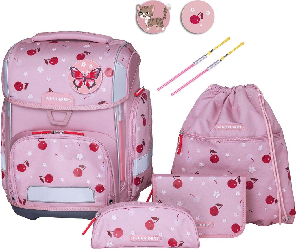 A collection of pink school supplies with a cherry and butterfly motif, including a backpack, pencil case, pouch, and drawstring bag.
