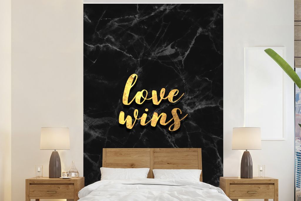 MuchoWow Fototapete für Wohnzimmer oder Schlafzimmer Wandtapete Vinyl Motivtapete Zitat - Liebe - Marmor - Gold - 195x300 cm - Das Hintergrundbild