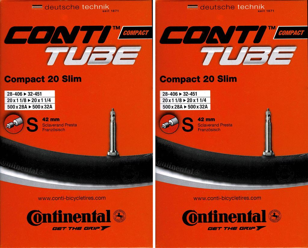 2x Continental Compact 20 Slim Schlauch 20" 1 1/8 - 1 1/4 Prestaventil 28/32-406