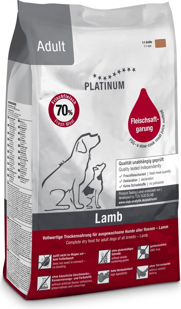 A bag of Platinum Natural Adult Lamb dry dog food.