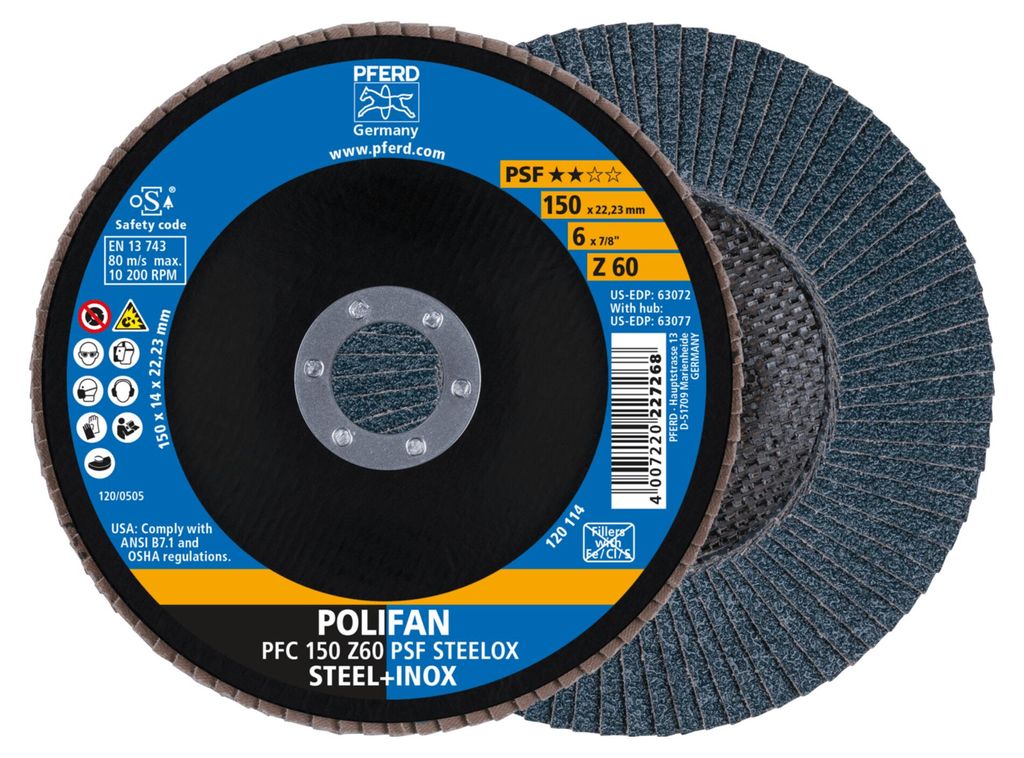 PFERD TOOLS POLIFAN Fächerscheibe PFC 150x22,23 mm konisch Z60 Uni.-Linie PSF STEELOX Stahl/Edelstahl 10 Stk