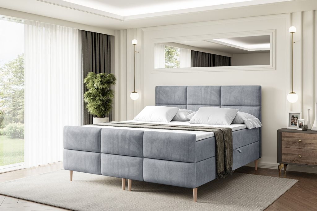 ALTDECOR Boxspringbett mit Holz Füßen, Matratze und Lattenrost, Topper, Fußteil, Polsterbett mit Bettkasten, Bett mit Stauraum H3-Matratze, Dopp...