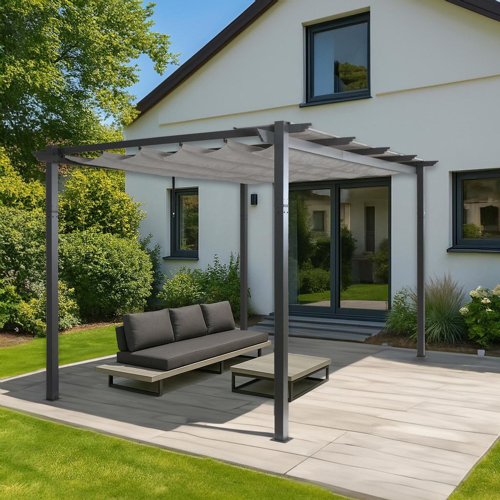 Aluminium Pergola HWC-N93, Gartenpavillon Pavillon Garten, stabiles 8cm-Gestell Schiebedach UV50+ 3x4m grau