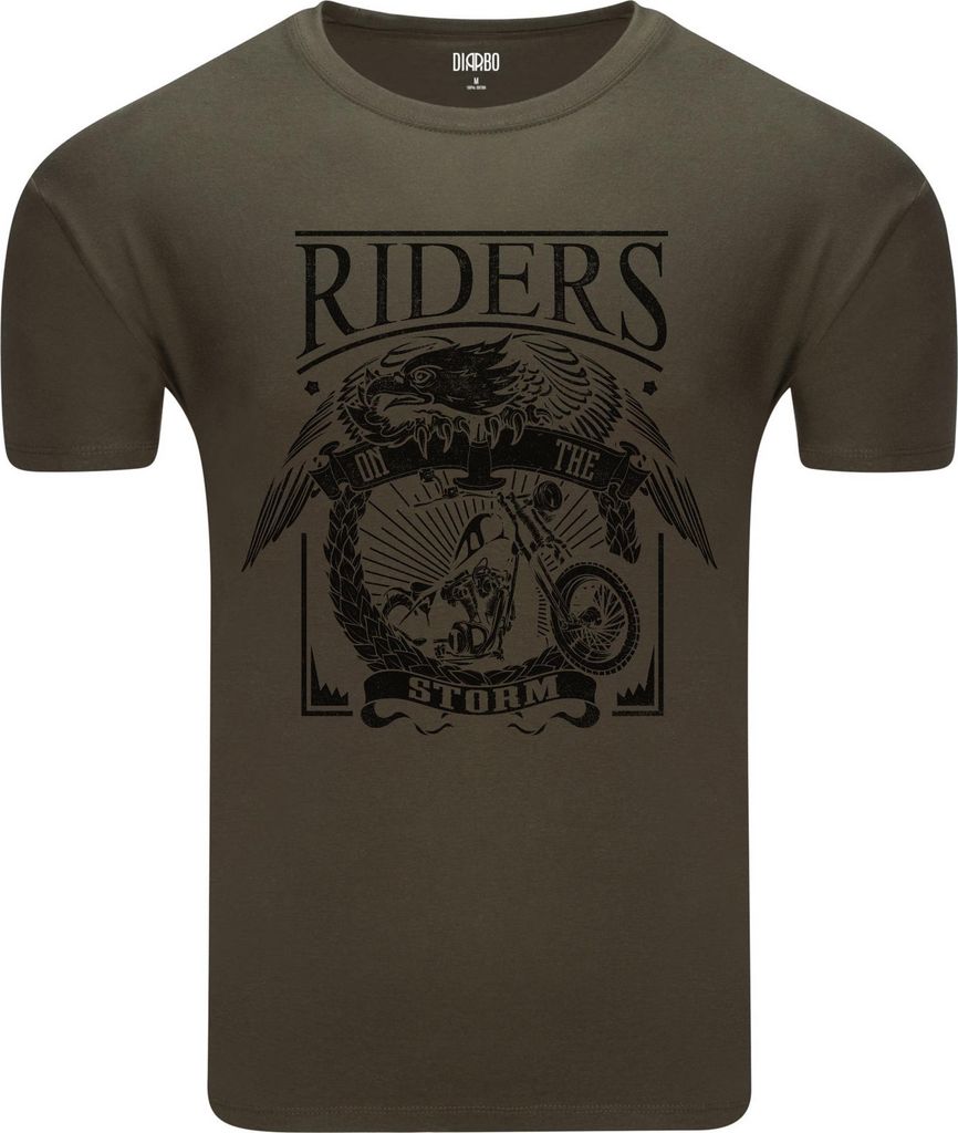 Diarbo Herren T-Shirt mit Motorliebhaber Druck „Riders on the Storm” Grün Gr.XXL
