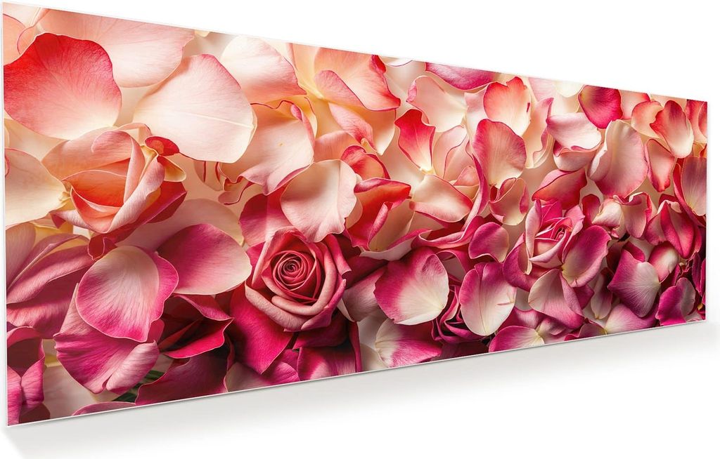 Glasbild 100x40cm in XXL für Wohnzimmer, Schlafzimmer Motiv Rosenblätterbuntes Spiel