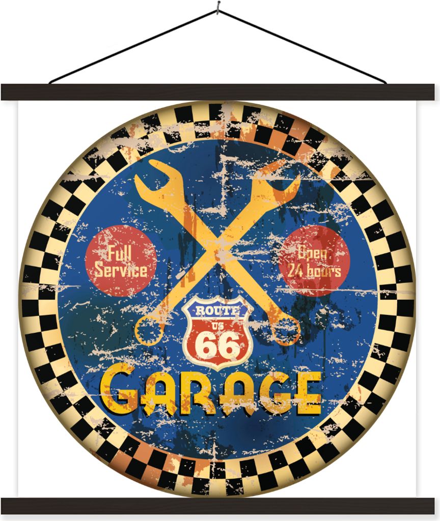 MuchoWow Textilposter Mancave - Garage - Vintage - Route 66 60x60 cm mit schwarzem Rahmen - Posteraufhänger