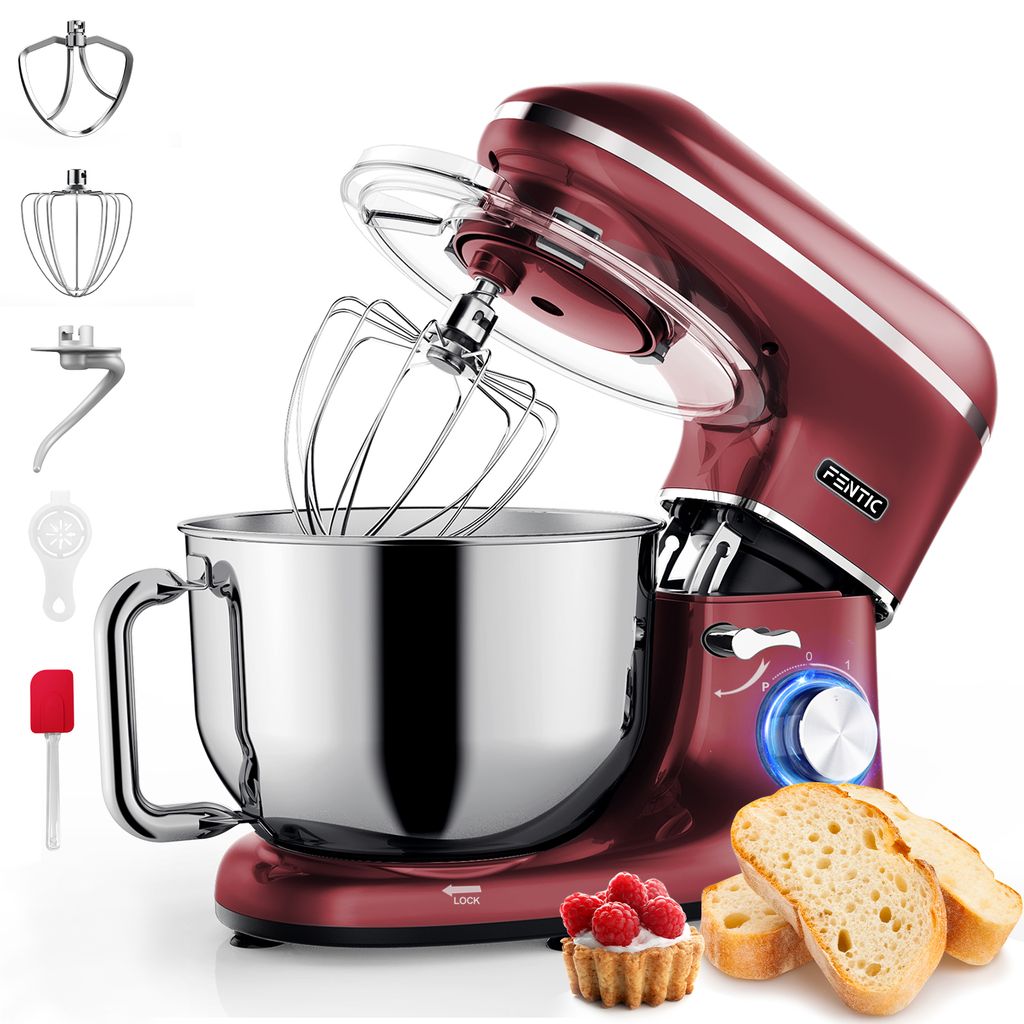 A red stand mixer with various attachments shown, along with bread slices and a tart.
