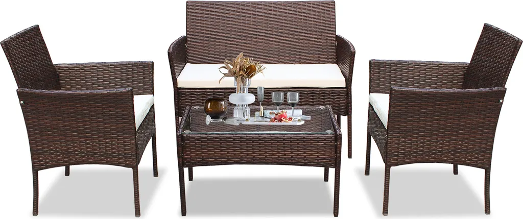 Salon de terrasse en rotin synthétique marron avec coussins lavables