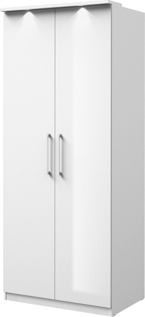 Furniture24 Schrank Optima 18 Kleiderschrank Drehtürenschrank 2 Türiger mit Einlegeboden Kleiderstange 90 cm breit Weiß/Weiß Hochglanz Schlafzi...