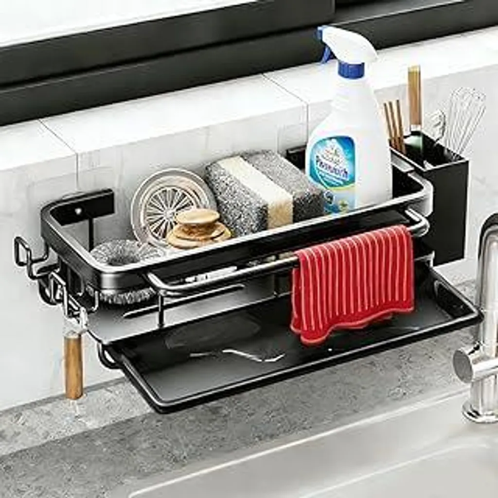 Organizer Multifunzione CEWROM: Porta Spugne Autodrenante Nero Cucina - 1