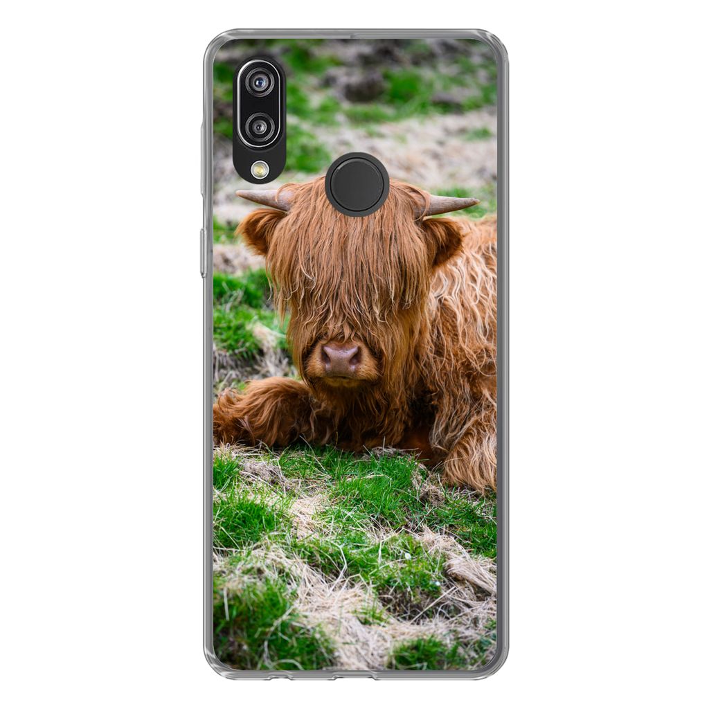 MuchoWow Handyhülle Schutzhülle Hülle für Huawei P20 Lite (2020) Schottischer Highlander - Heu - Gras Silikon Softcase Handy Hülle - Kartenh...