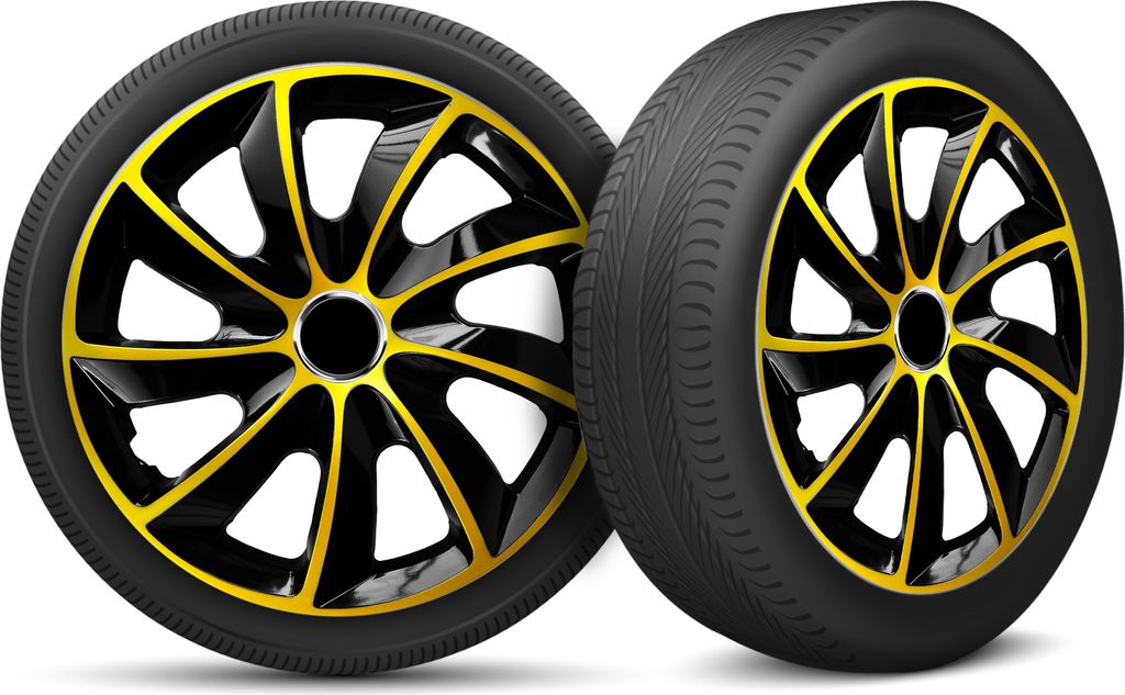 Auto Radkappen Radzierblenden 4er Set passend für alle Stahlfelgen - einstellbarer Sicherungsring - 14 Zoll - Schwarz Gold