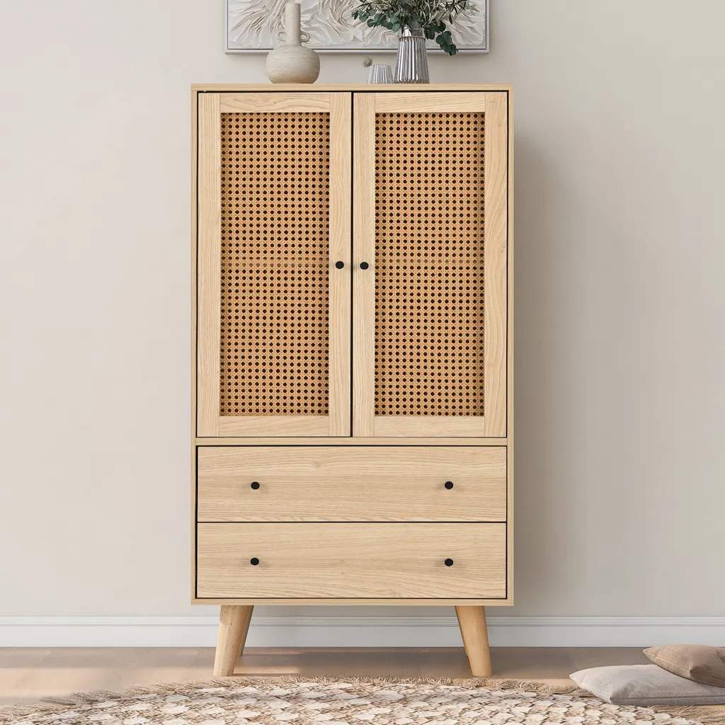 Commode étroite Flieks en rotin naturel pour salon 60x40x120cm
