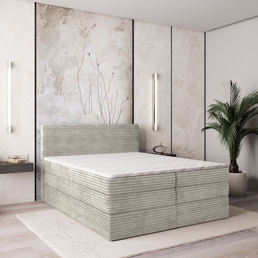 Masseno Boxspringbett LUNERA 140x200 cm Komplett-Set mit Bonell Matratze und Topper, Polsterbett mit Bettkästen -Hellgrau, TILIA 83