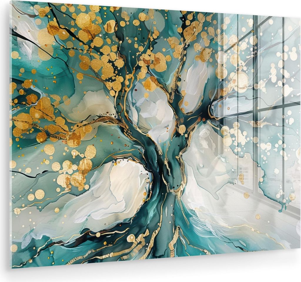 MuchoWow Glasbilder - Bilder auf Wandbild - Foto auf Glas Baum - Modern - - Türkis - Gold 40x30 cm Wanddekoration aus Glas - Acrylglasbild - Acry...