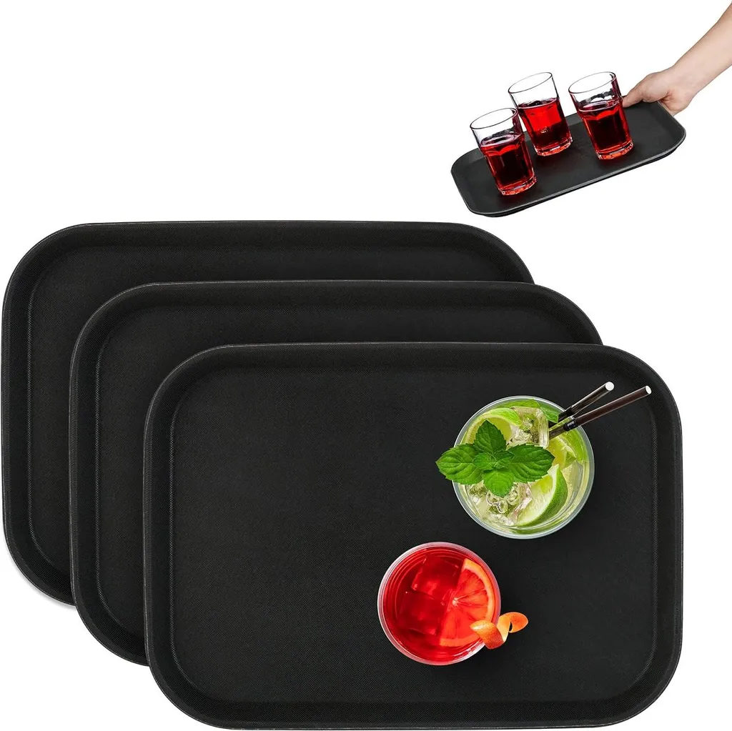 Lot de 3 Plateaux de Service Rectangulaires Noirs 35x25 cm Antidérapant