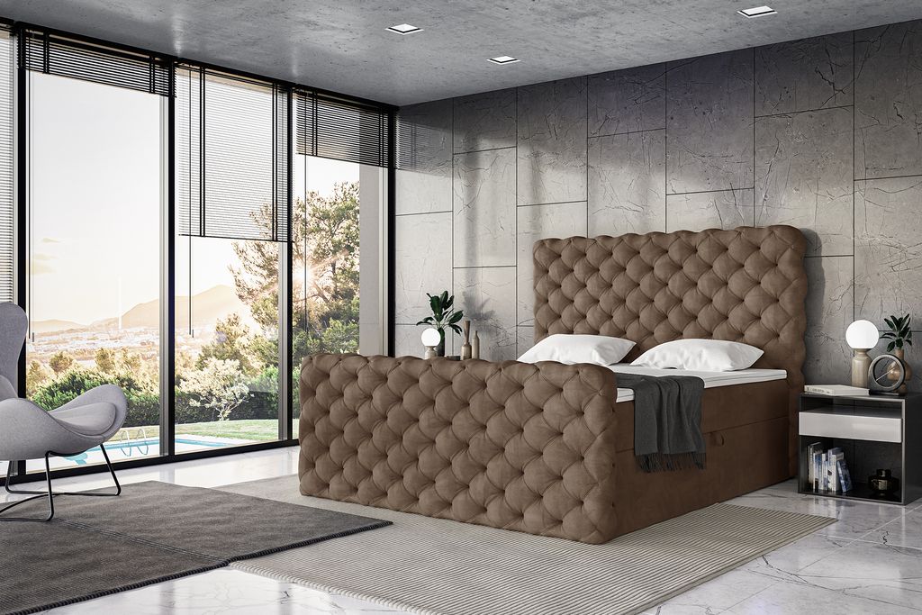 MEBLINI Boxspringbett mit Bettkasten - Gepolstert Doppelbett mit Matratze und Topper - Polsterbett mit Stauraum - Bett mit Kopfteil - Stauraumbett ...
