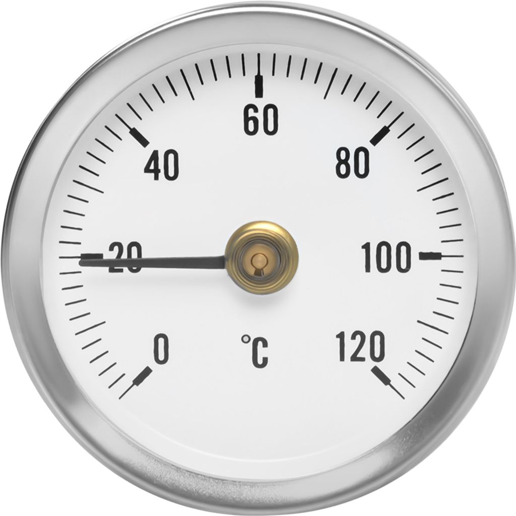 A close-up studio shot of a round thermometer with a white face and black markings.